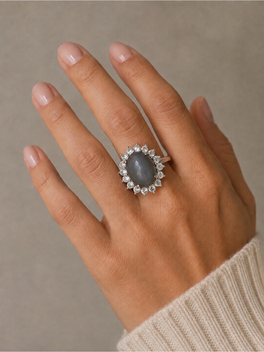 Sterling Silver - Moonstone & White Topaz Halo Cocktail Ring